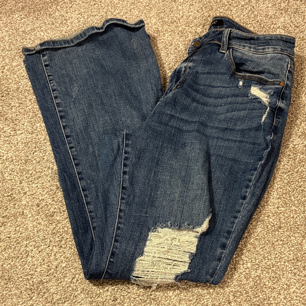 Judy Blue Dark Wash Distressed Wide Leg Jeans